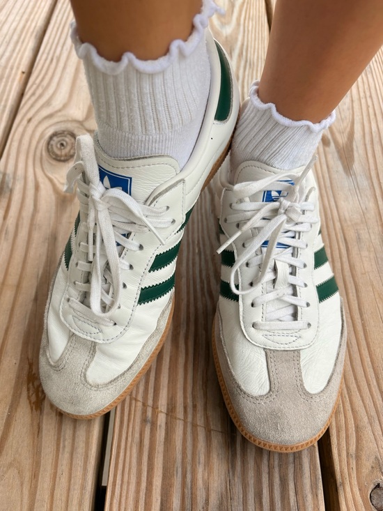 adidas Shoes - White Leather Adidas Sambas with Green Stripes